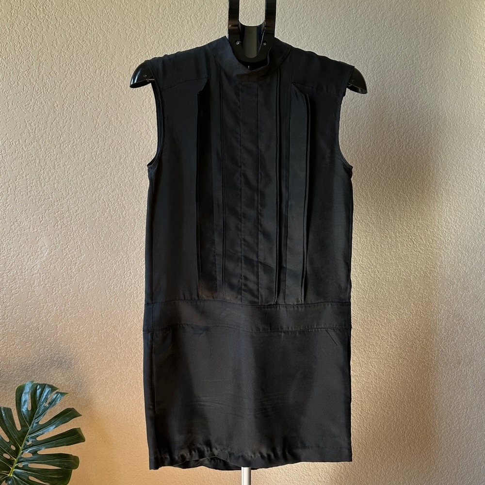 Theory Silk Black Sleeveless Mini Dress with Pintuck Front